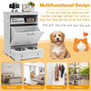 Pet feeder station in white with stainless steel bowls, featuring storage cabinet and anti-toppling design for pets.