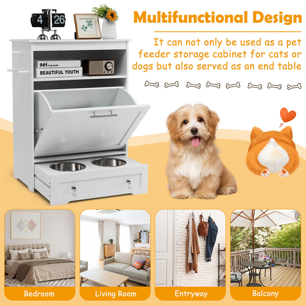 Pet feeder station in white with stainless steel bowls, featuring storage cabinet and anti-toppling design for pets.