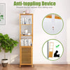 Slim bamboo floor storage cabinet with four shelves and shutter door, featuring an anti-toppling device for stability.