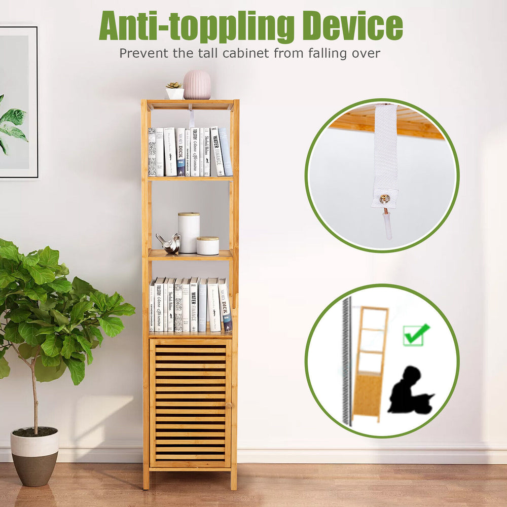 Slim bamboo floor storage cabinet with four shelves and shutter door, featuring an anti-toppling device for stability.