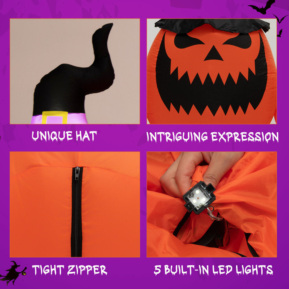 Close-up of the inflatable pumpkin family with unique hats, tight zipper, and five built-in LED lights for Halloween.