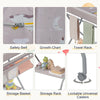 Baby changing table with safety belt, gray color, features storage basket and growth chart for convenient baby care.