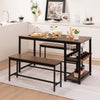 Rectangular brown dining table set with 2 benches and wine rack, perfect for family meals and space-saving storage.