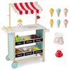 Kids wooden ice cream cart with red stripes, featuring chalkboards and storage for toy accessories, perfect for.