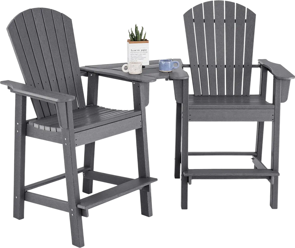 Gray HDPE tall Adirondack chairs with middle connecting tray, perfect for balcony or poolside relaxation.