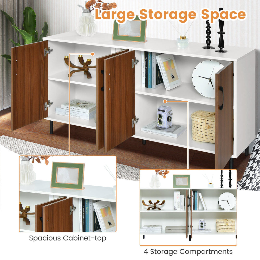 4-door kitchen buffet sideboard in white with spacious cabinet-top and 4 storage compartments for organized kitchen.