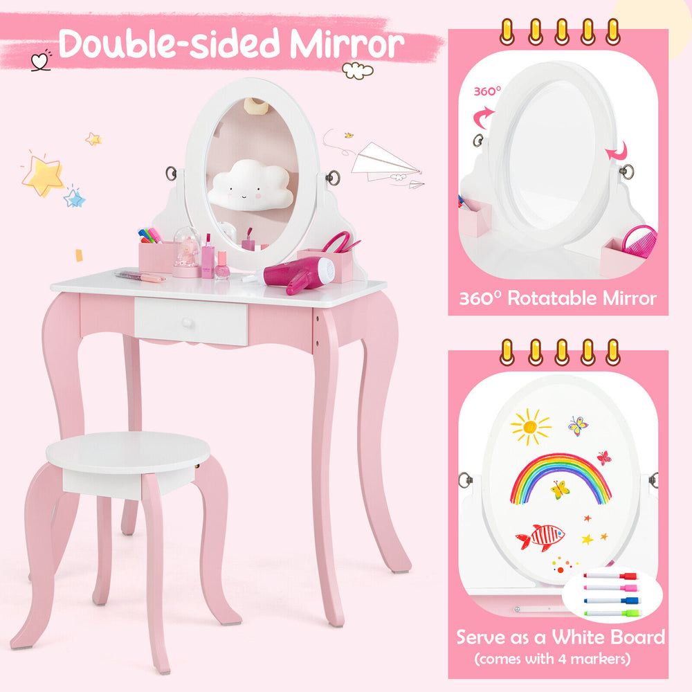 Kids vanity set featuring a 360° rotatable mirror and detachable top, doubles as a whiteboard with 4 erasable markers.
