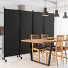 4-panel black folding room divider with lockable wheels, ideal for privacy in home or office settings.