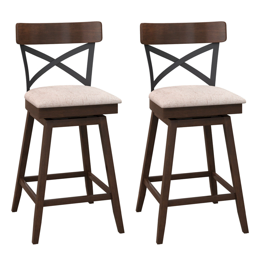 Wooden swivel bar stool with cushioned seat and open X back, featuring a solid rubber wood frame for durability and.
