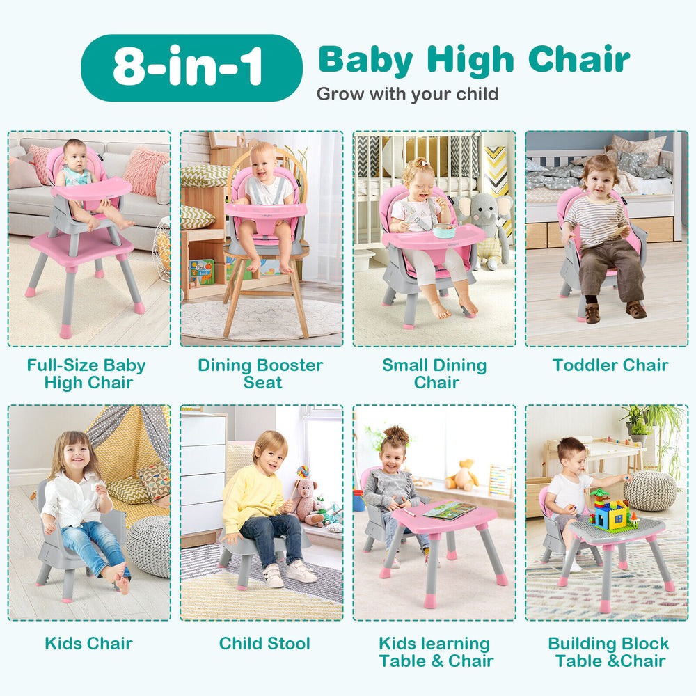 Convertible baby high chair in pink, adjustable tray, removable cushion, suitable for dining and playtime activities.