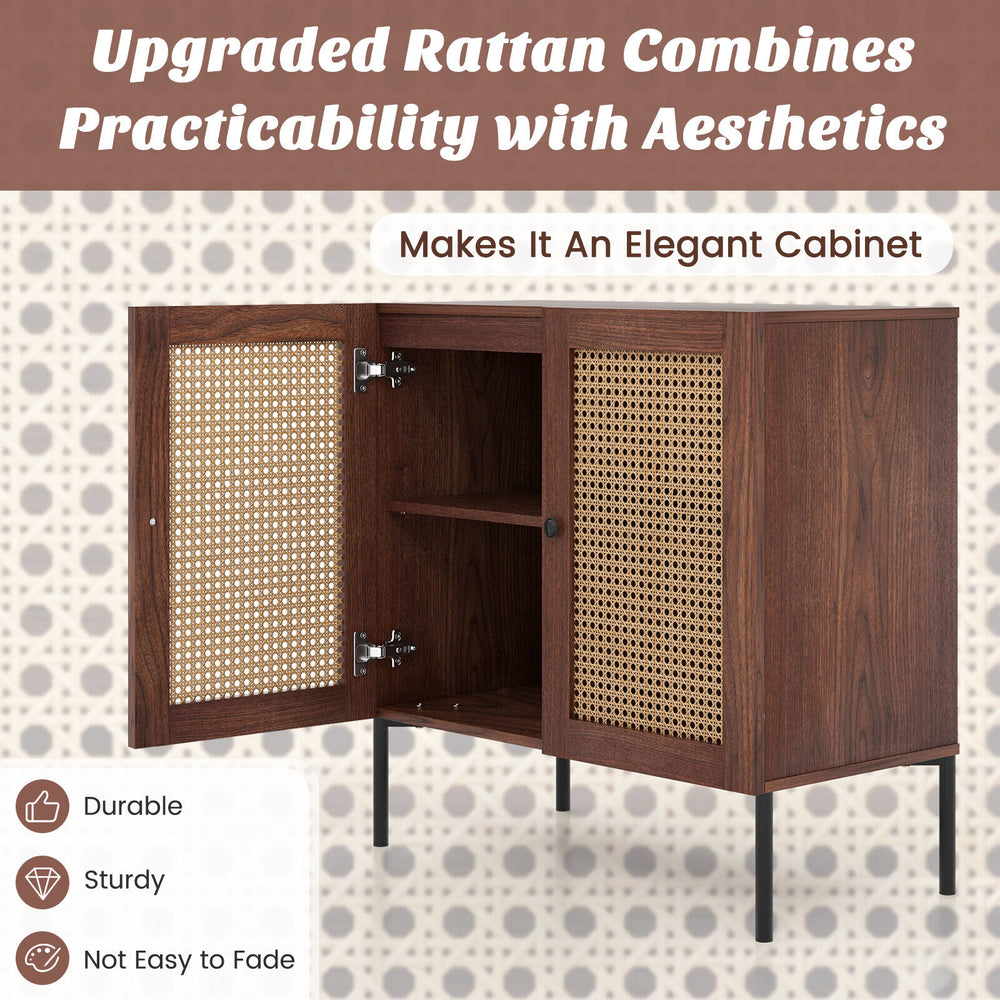 Walnut kitchen sideboard with 2 rattan doors and adjustable shelf, ideal for stylish storage in any room.