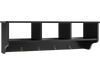 Black wall-mounted cubby organizer shelf with three open compartments and four hooks, perfect for versatile entryway.