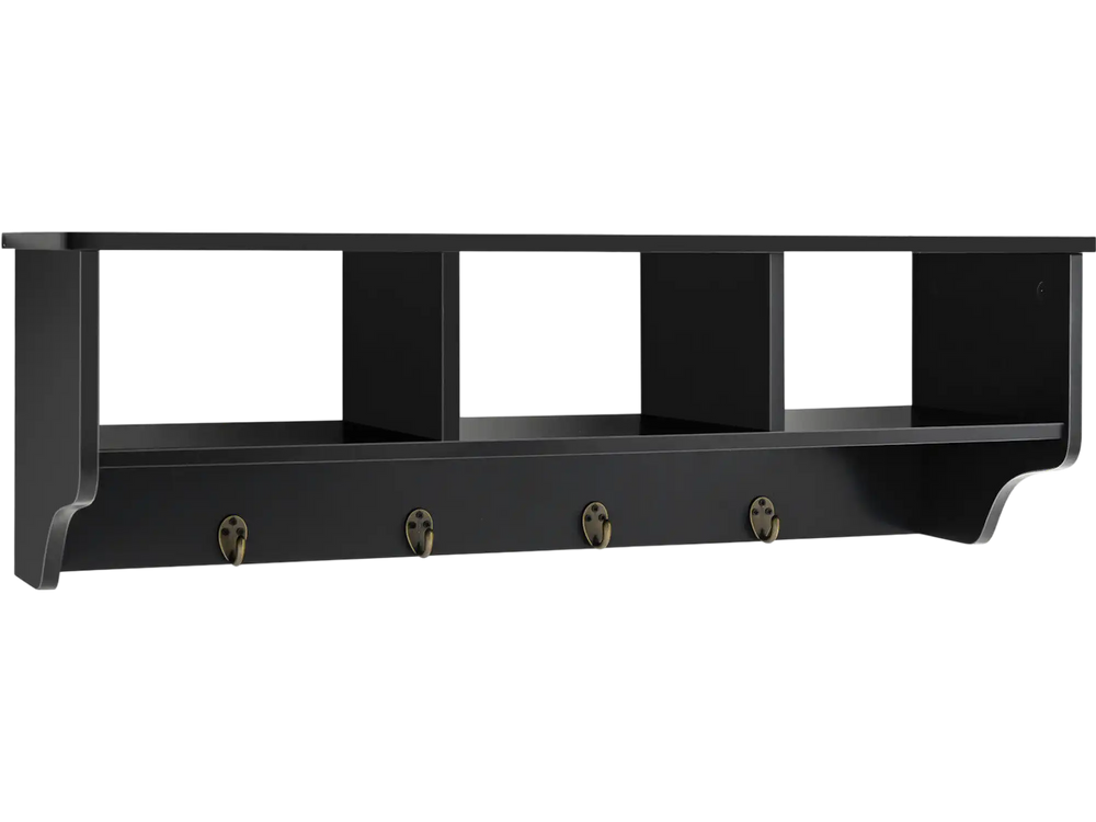 Black wall-mounted cubby organizer shelf with three open compartments and four hooks, perfect for versatile entryway.