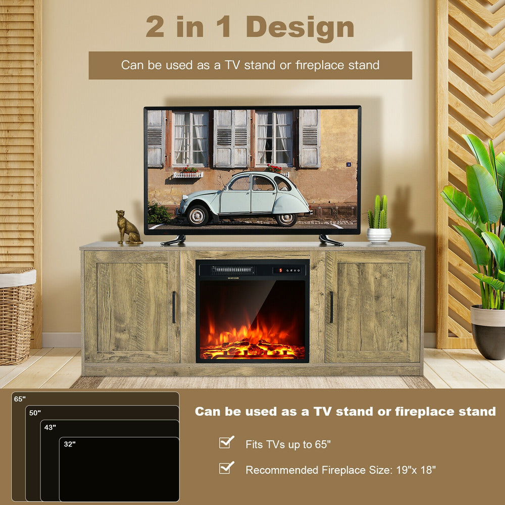 58-inch farmhouse TV stand with faux fireplace, adjustable shelves, and storage for TVs up to 65 inches. Ideal for.