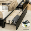 Full/Queen PU leather platform bed with 4 pull-out drawers for under-bed storage and adjustable headboard height.