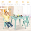 Kids square steel table in blue with two chairs, sturdy design, safe rounded corners, ideal for playroom or nursery.