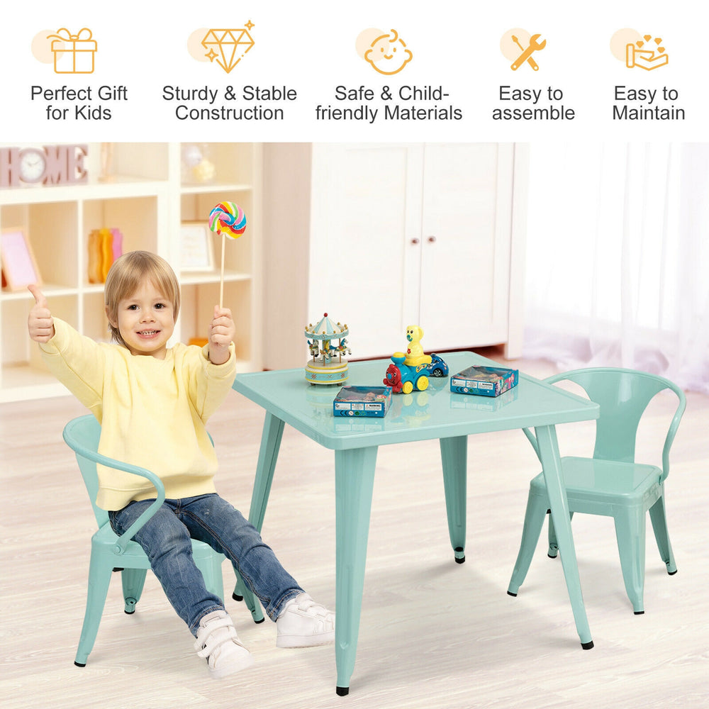 Kids square steel table in blue with two chairs, sturdy design, safe rounded corners, ideal for playroom or nursery.