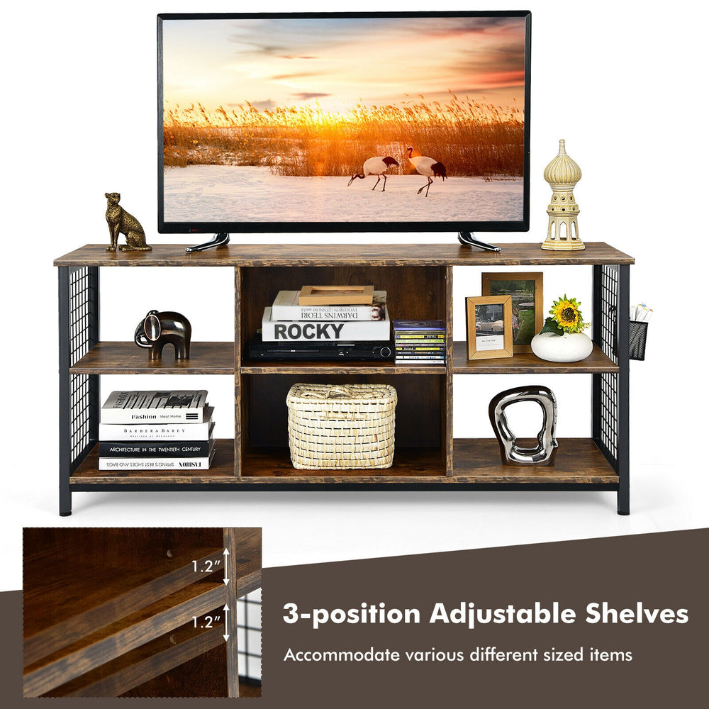 Mid-century wooden TV stand in rustic brown with adjustable shelves, perfect for TVs up to 65 inches and versatile.