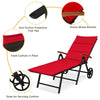 Folding patio rattan lounge chair with wheels in red, featuring adjustable backrest and soft cushion for outdoor.