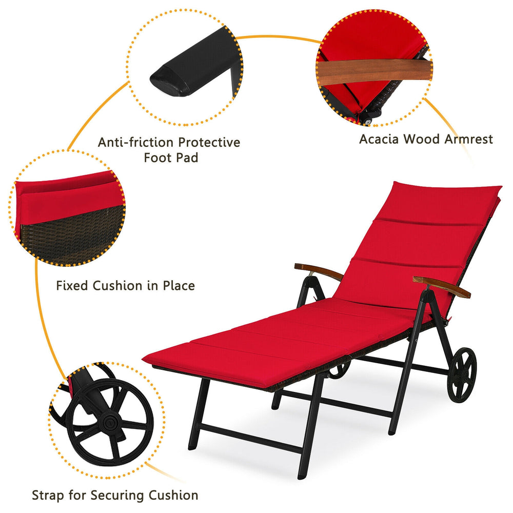 Folding patio rattan lounge chair with wheels in red, featuring adjustable backrest and soft cushion for outdoor.
