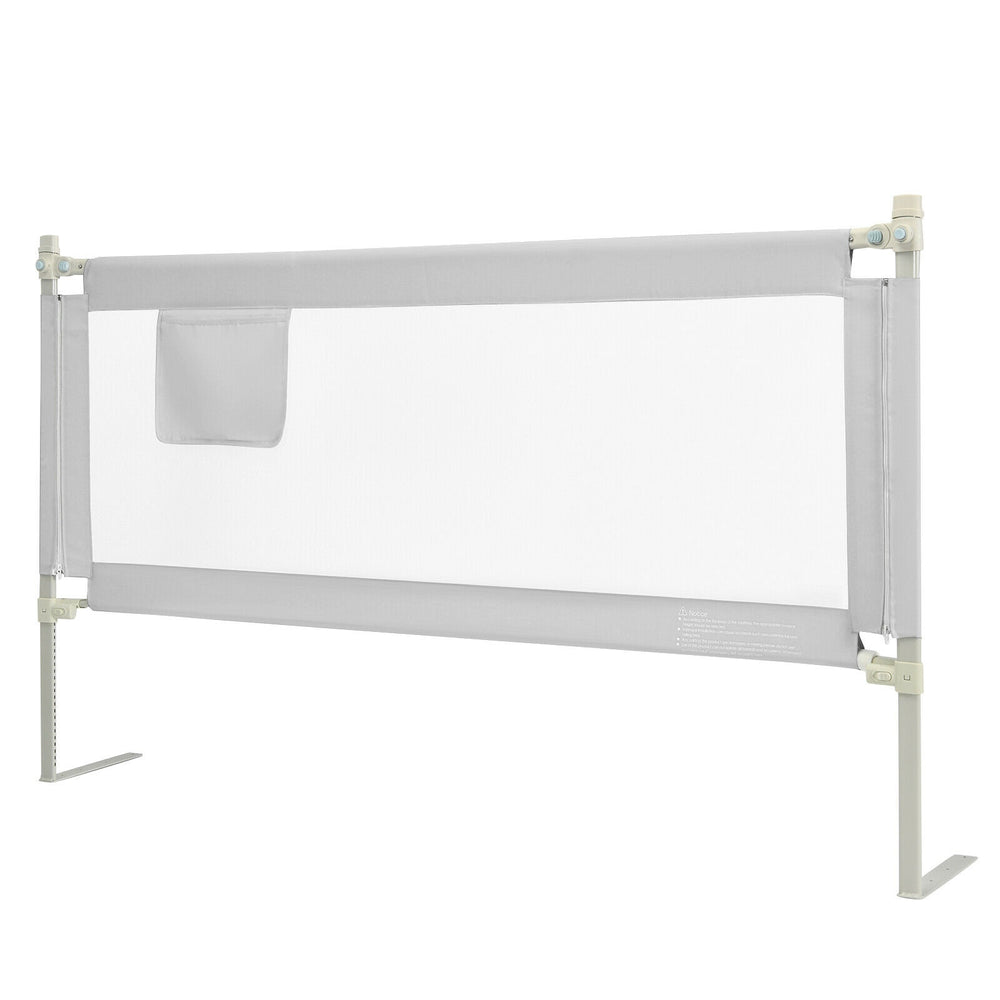 Gray toddler bed rail with a side pocket, designed for easy assembly and 24 adjustable heights to fit various.