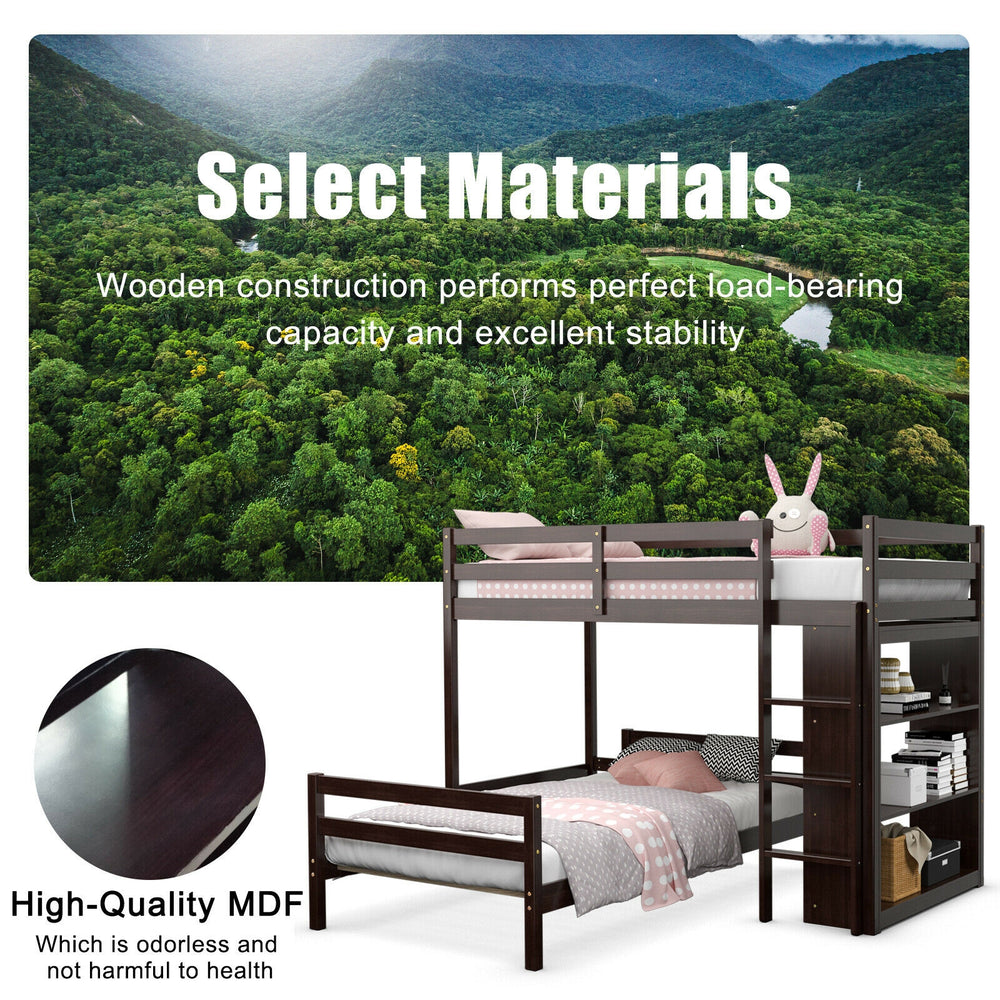 Twin over twin loft bunk bed in dark brown with a bookcase, featuring solid wood and MDF for enhanced stability and.