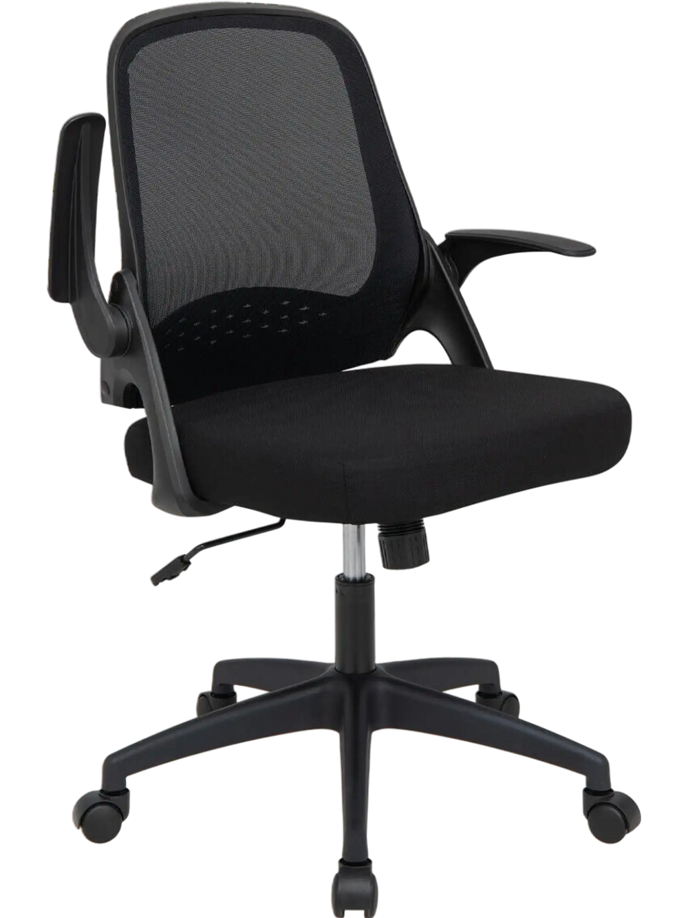 Side view of an adjustable black mesh office chair with a thick cushion and flip-up armrests for ergonomic support and.