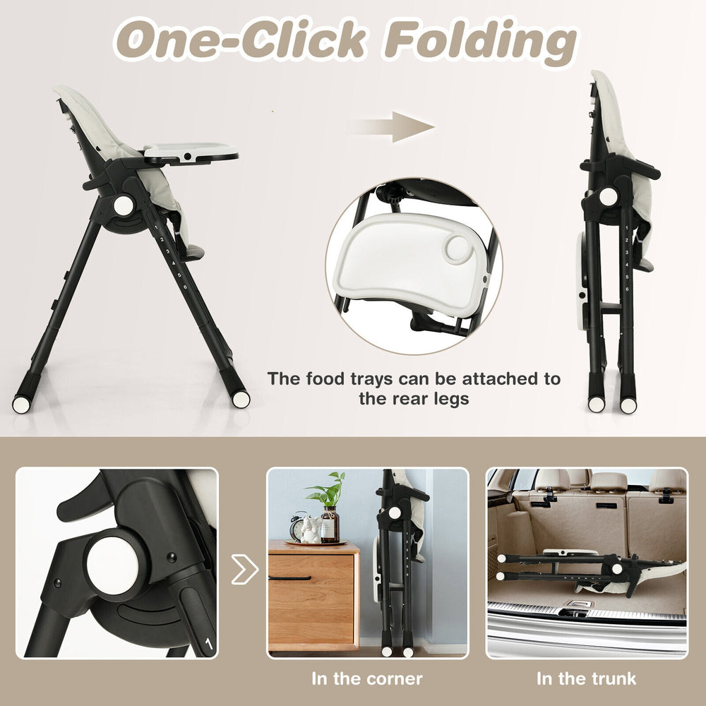 4-in-1 baby high chair in gray with adjustable height, removable trays, and folding design for easy storage and.