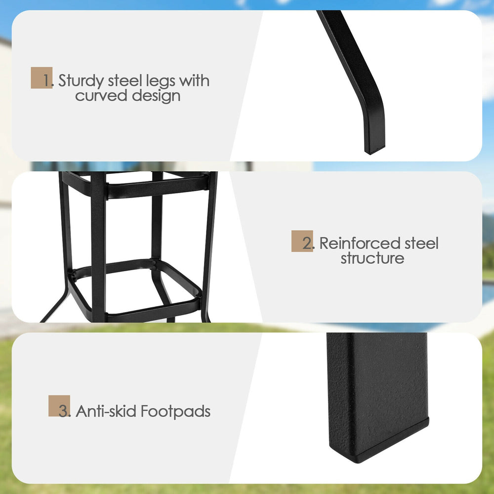 Close-up of the sturdy steel legs and anti-skid footpads of the 32-inch outdoor square bar table for stability.