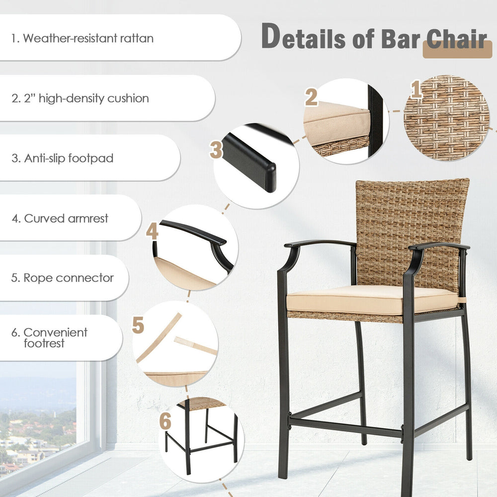 Patio rattan bar chair with ergonomic backrest, soft cushion, and anti-slip footpad, ideal for outdoor use.