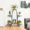 6-tier black plant stand with adjustable foot pads, showcasing various plants in a stylish and organized manner.