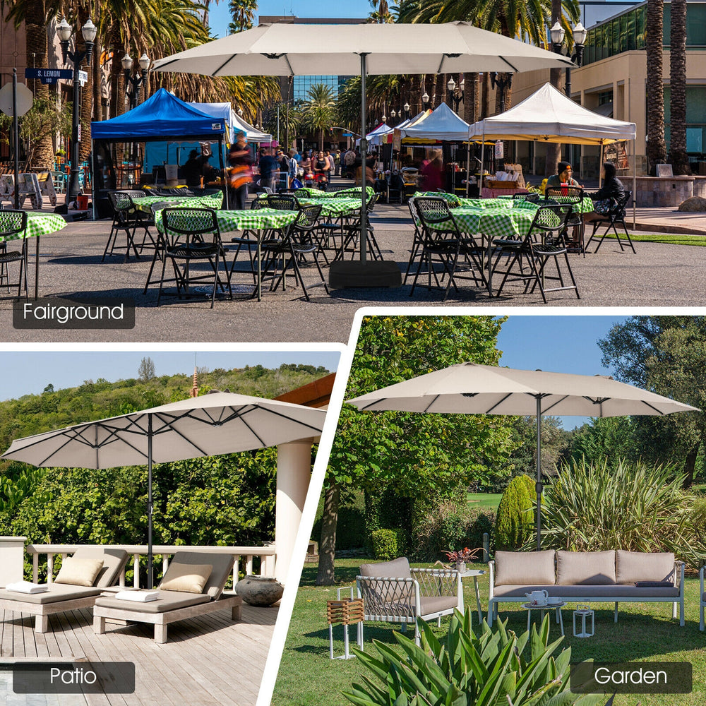 Double-sided 15 feet patio umbrella in beige with hand-crank system, ideal for garden and outdoor café shading.