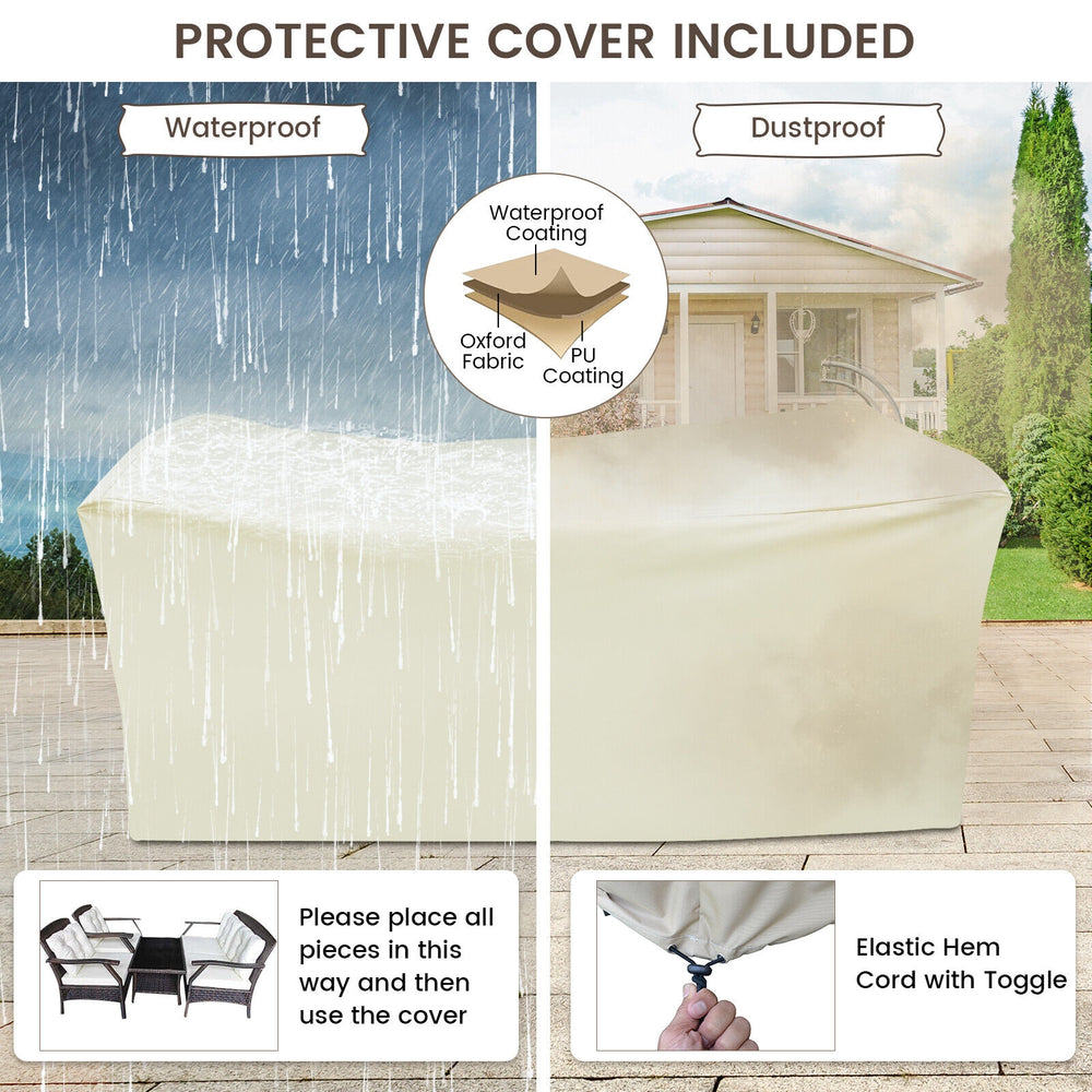 4-piece outdoor rattan conversation set with protective cover, featuring durable PE rattan and comfortable cushions.