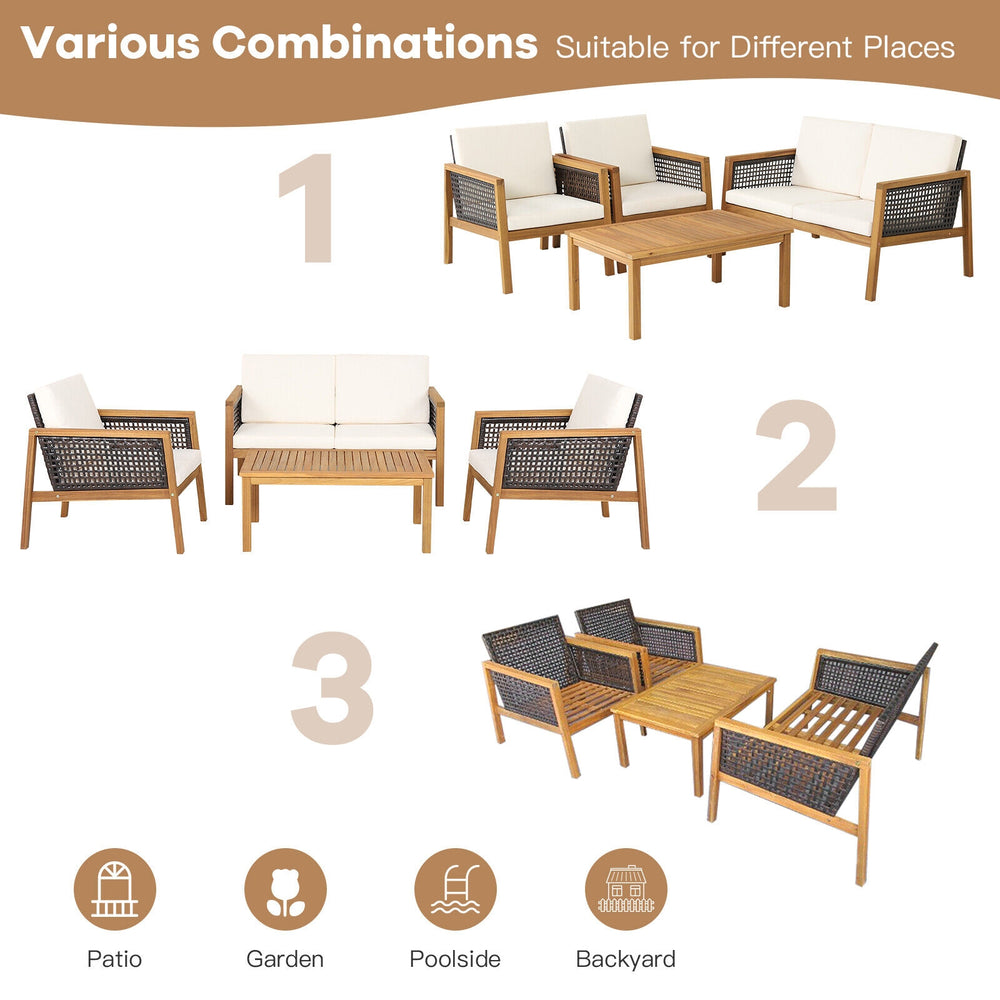4-piece patio rattan furniture set with removable white cushions, featuring acacia wood and various combinations for.