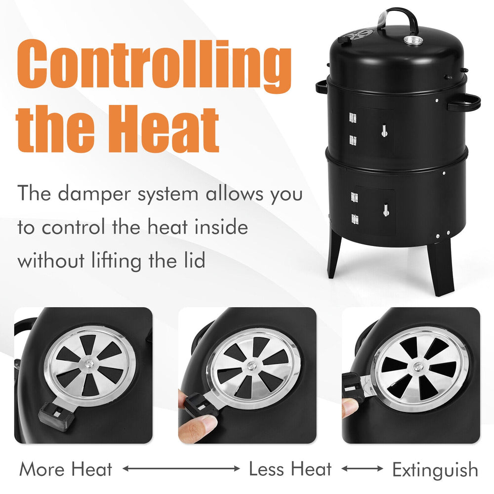 Vertical 3-in-1 charcoal BBQ grill with built-in thermometer and adjustable air vent for versatile cooking.