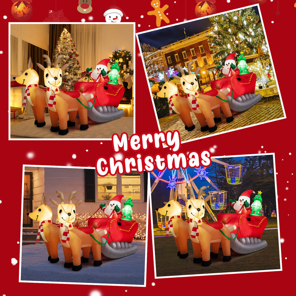 Side view of inflatable Santa on sled with two reindeer, 7.2 feet long, featuring glowing LED lights for outdoor cheer.