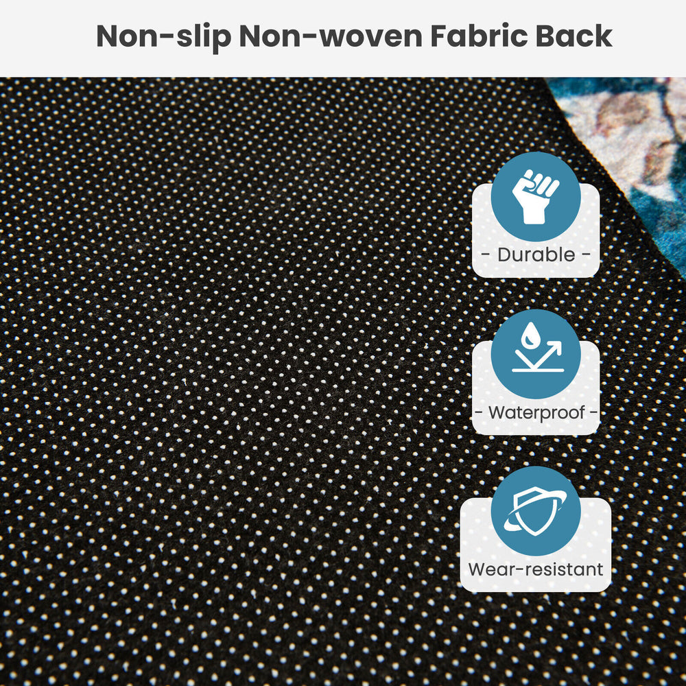 Close-up of the area rug's non-slip non-woven fabric back, showcasing its durable and waterproof features for safety.