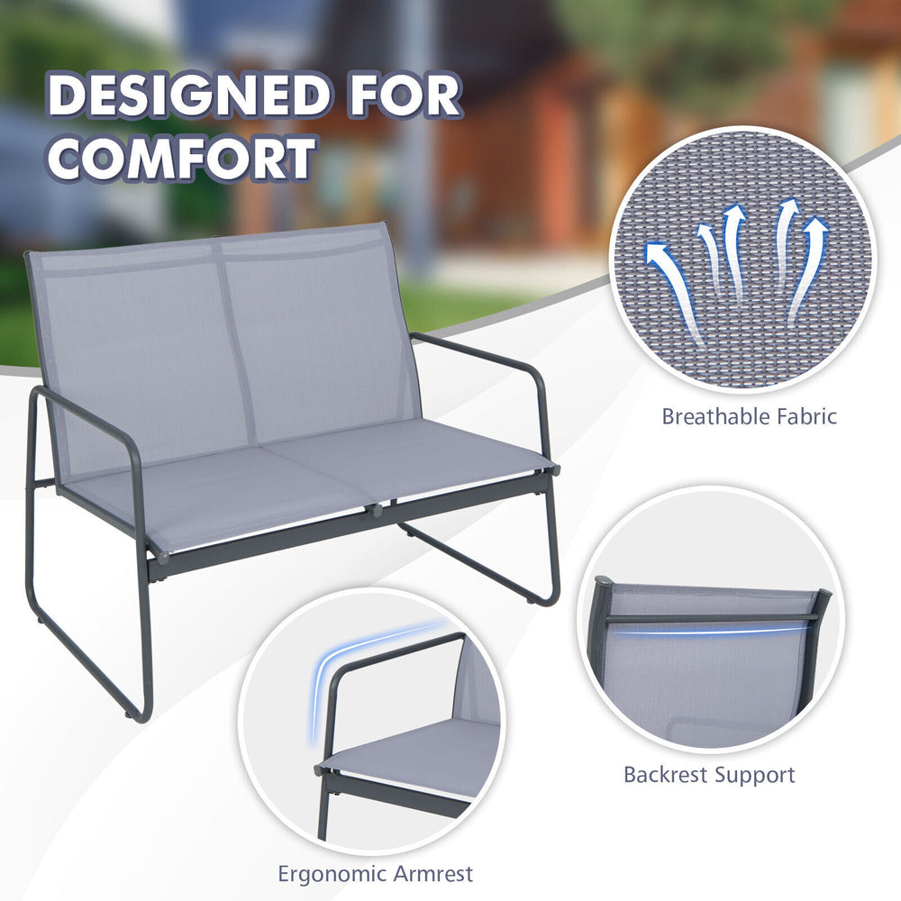 Loveseat from a 4-piece metal patio furniture set with breathable fabric and ergonomic armrests for outdoor comfort.