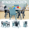 Kids wooden activity play furniture set with blue chairs, stackable design for space-saving in playroom or living room.