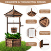 Rustic wooden wishing well planter with adjustable bucket, hexagonal base, and protective roof for outdoor gardening.
