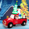 Inflatable Santa Claus driving a car with snowman and penguin, 8 feet wide, LED lights for festive outdoor decoration.