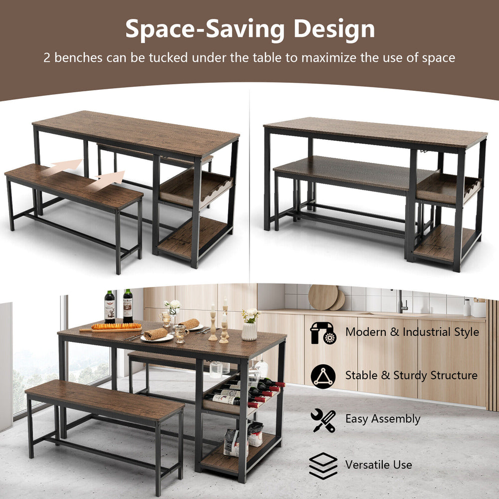 3-piece dining table set with brown finish, includes table and 2 benches, perfect for dining or as a versatile.