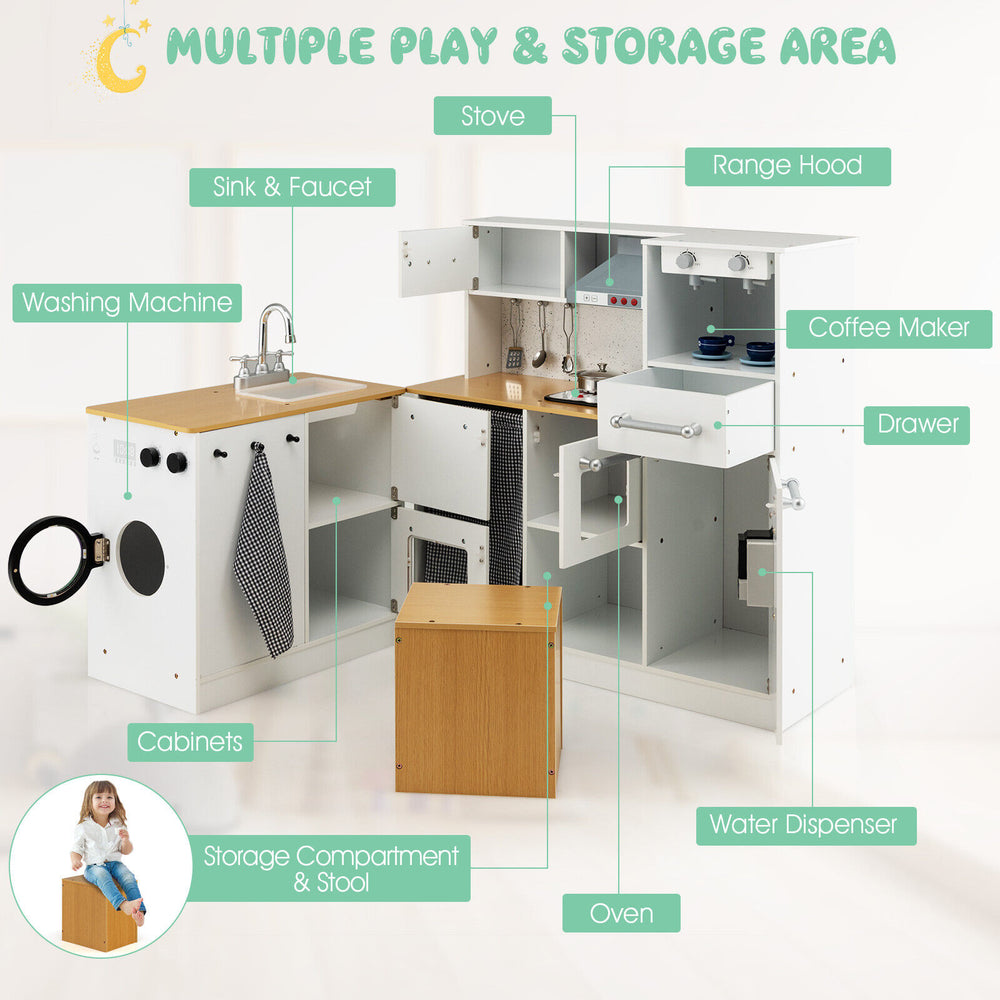 Wooden kids kitchen playset with stove, sink, and storage, featuring lights and sounds for immersive role-play fun.