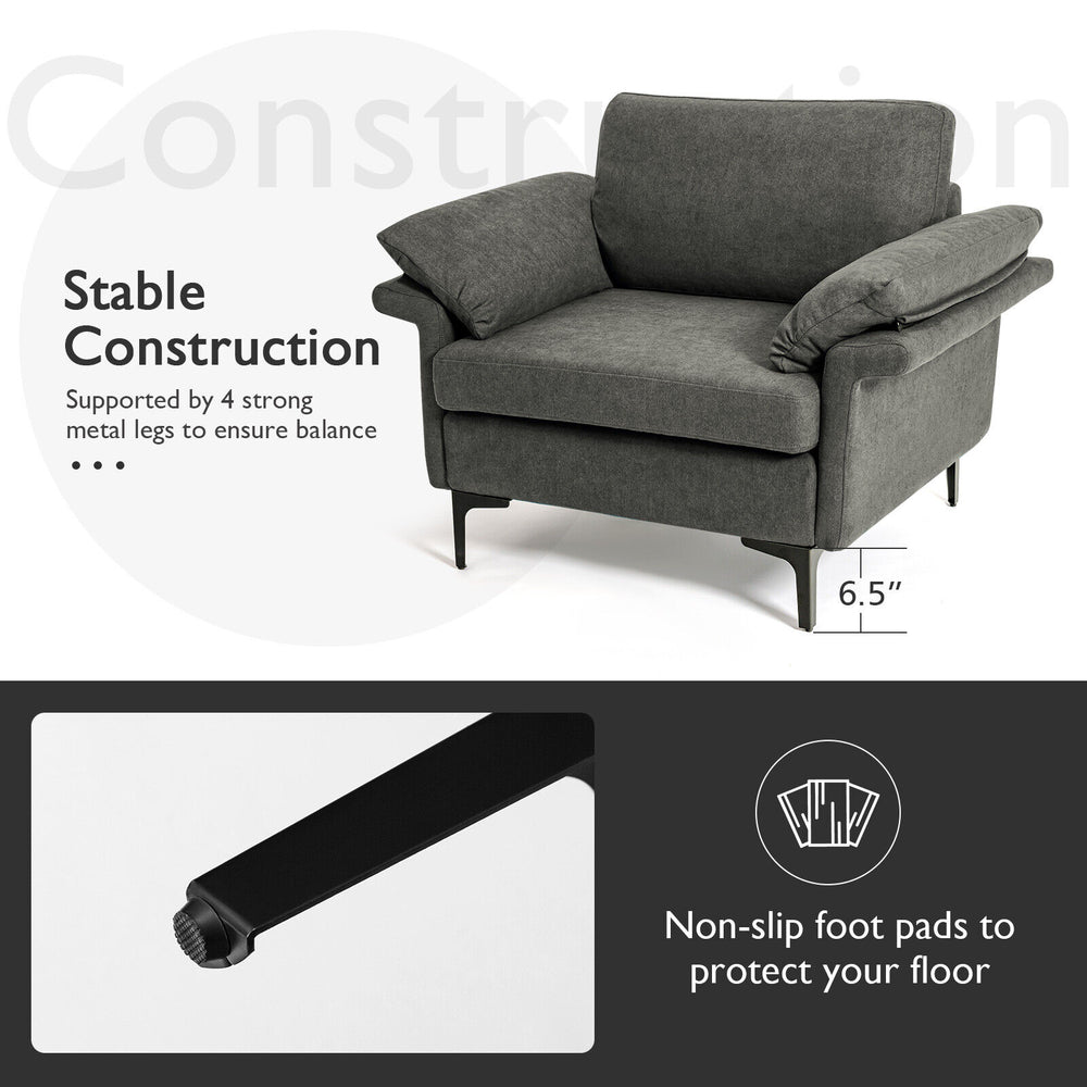 Gray modern fabric accent armchair with ergonomic cushions and stable metal legs, perfect for stylish comfort.