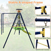 A-shaped outdoor swing set featuring gym rings, slide, and adjustable swing seat, perfect for backyard fun.