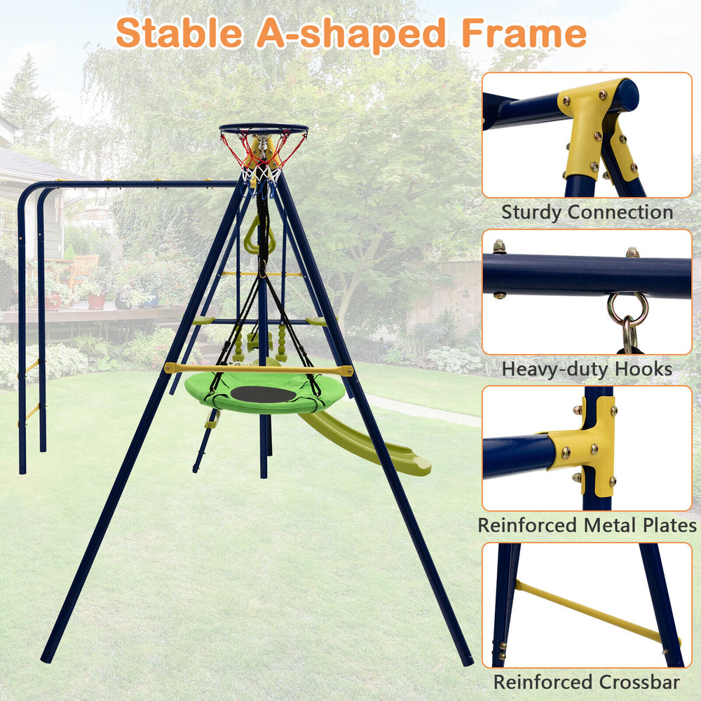 A-shaped outdoor swing set featuring gym rings, slide, and adjustable swing seat, perfect for backyard fun.