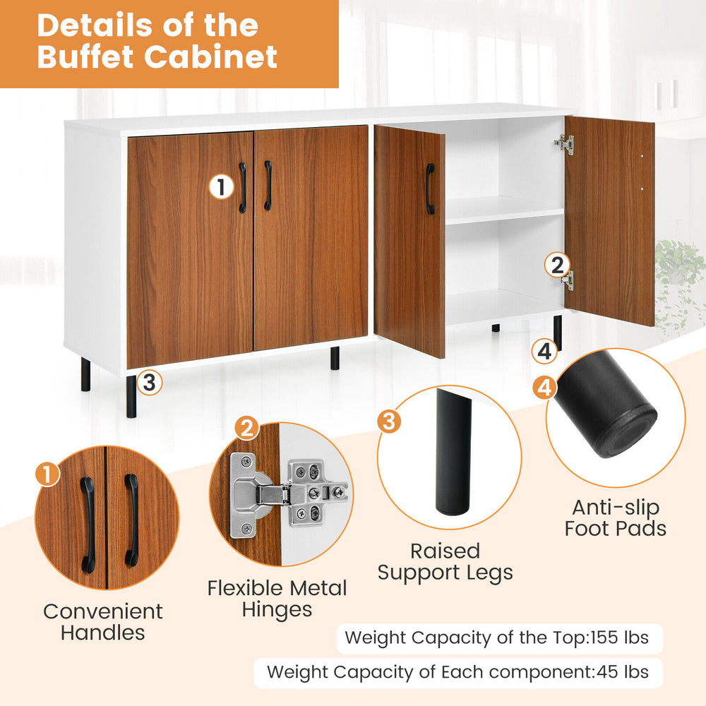 4-door kitchen buffet sideboard in white with wood grain finish, featuring spacious storage and anti-slip foot pads.