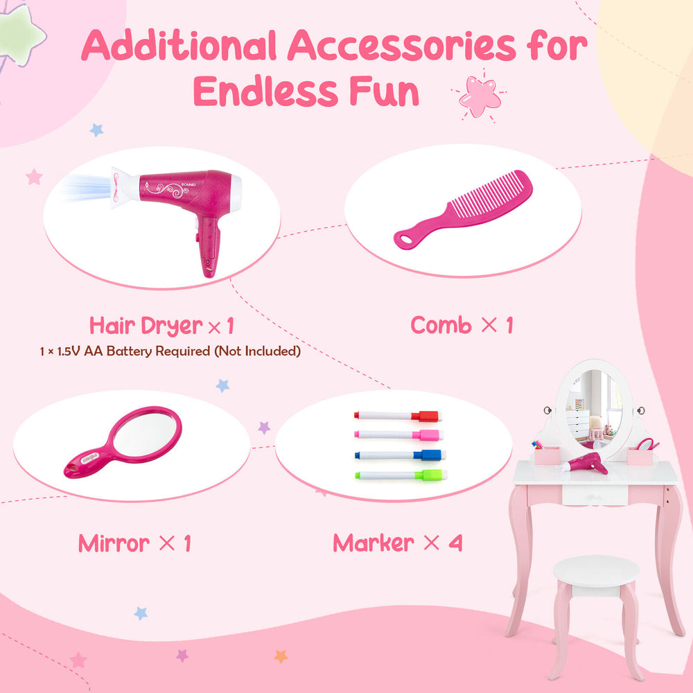 Pretend kids vanity set with 360° rotatable mirror, comb, hair dryer, and four markers for imaginative play.
