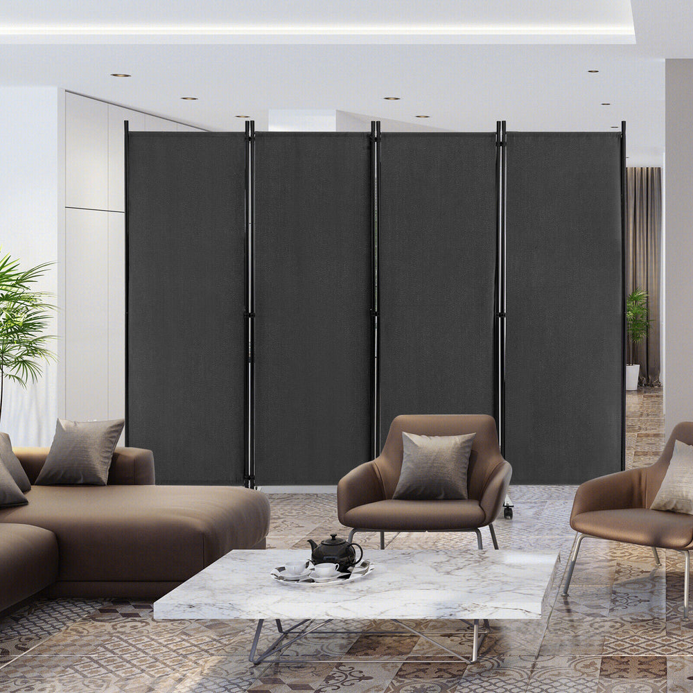 4-Panel Folding Room Divider 6 Feet Rolling Privacy Screen with Lockable Wheels-Gray - Gallery View 1 of 9