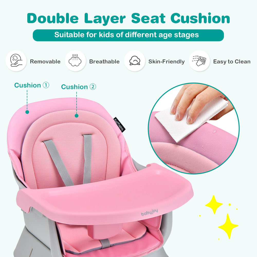 Double layer seat cushion in pink for the 6-in-1 convertible baby high chair, removable and easy to clean.